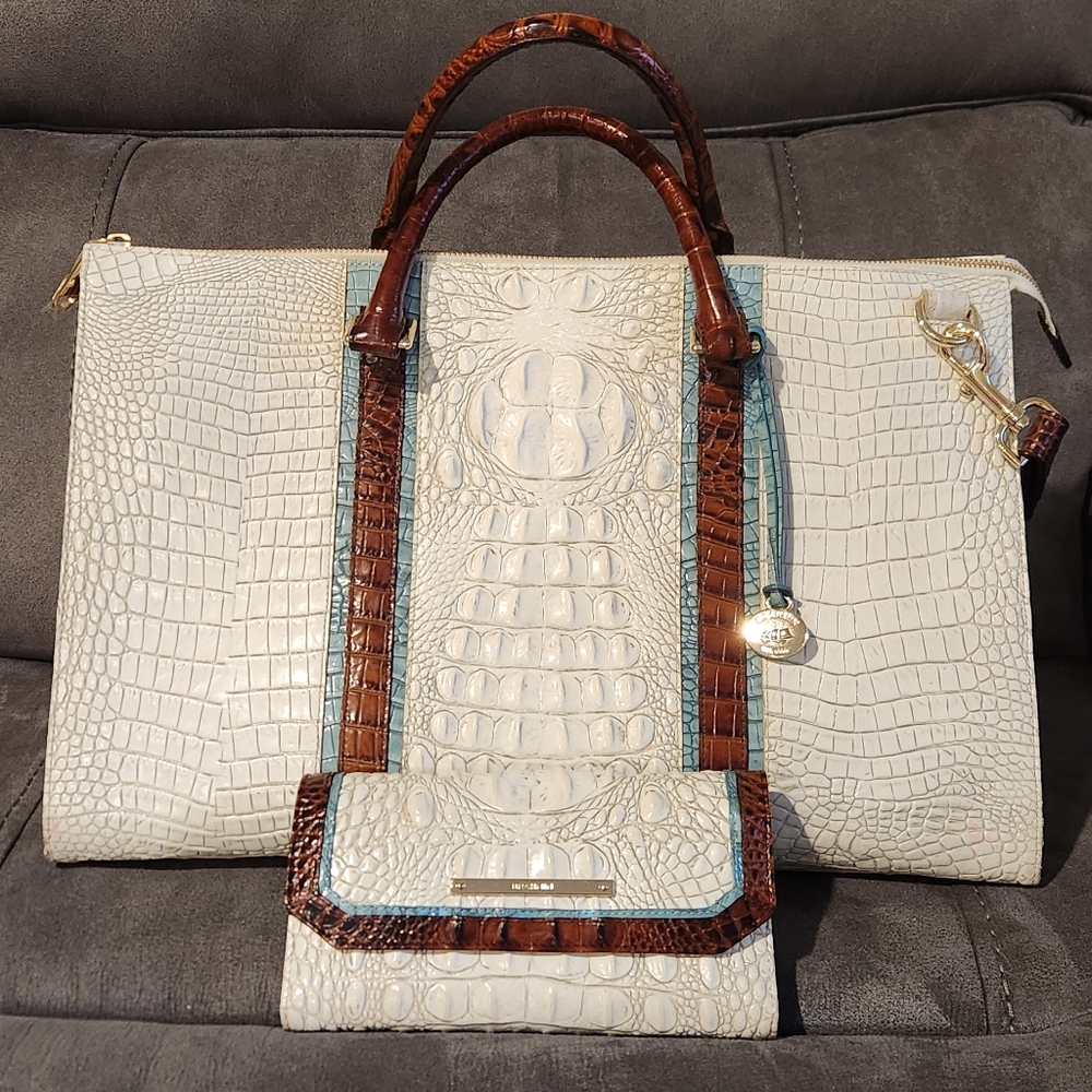 Soraya Coconut Anytime Brahmin Weekender with matching wallet.
